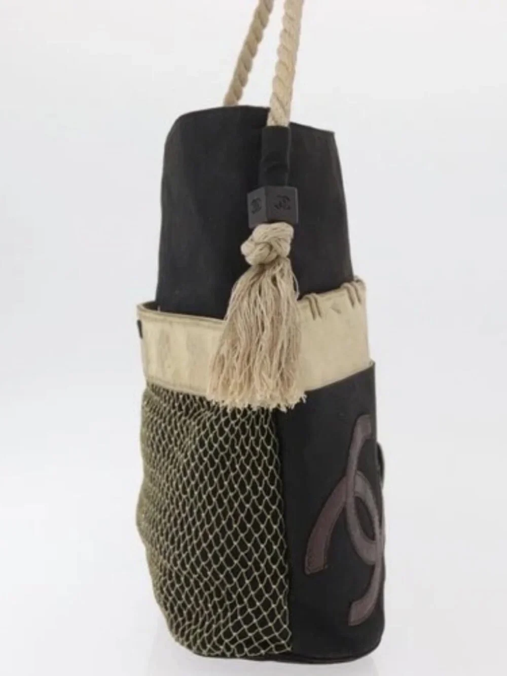 CHANEL Fishnet Camellia Clover Rope Bag Canvas Black Silver CC Auth am11426A